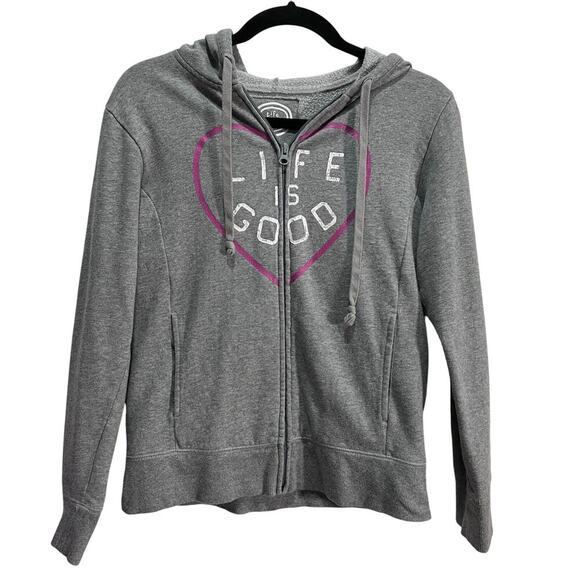 Life Is Good Zip Up Hoodie Gray Pink Relaxed Fit Womans XS Heart Design Sweater - Picture 1 of 6